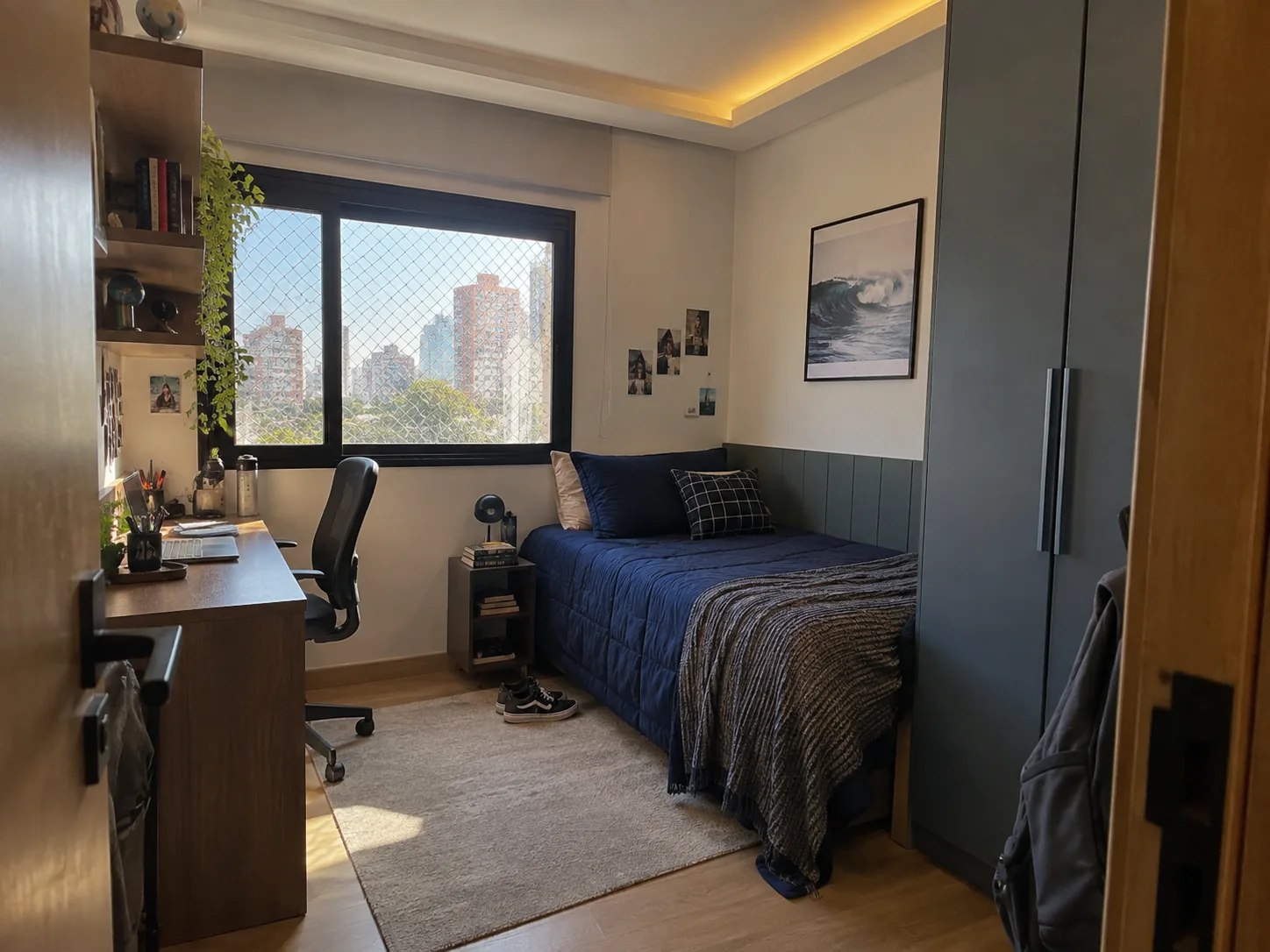 Quarto de solteiro com acabamento em gesso