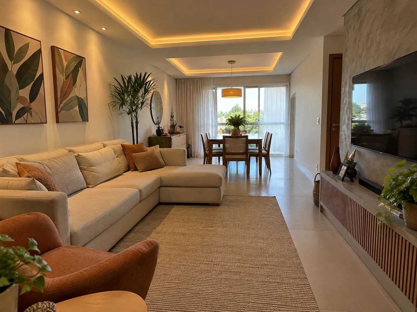 Sala de estar e jantar com acabamento em gesso