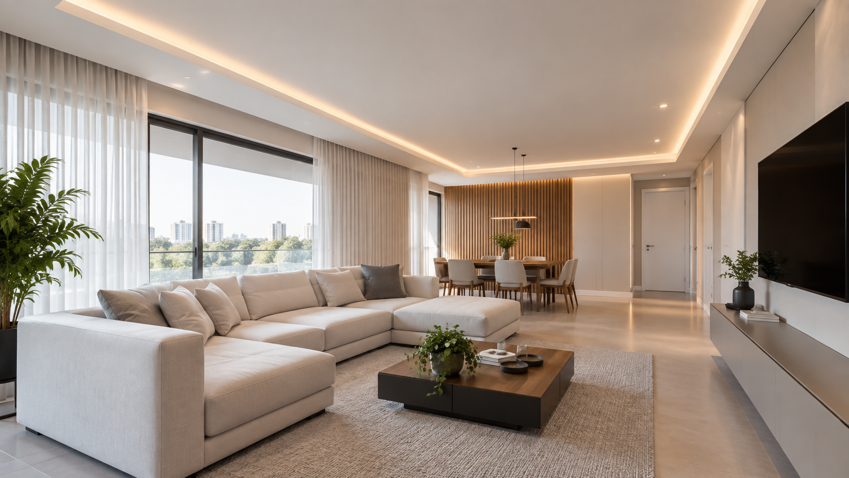 Sala contemporânea com forro decorativo e iluminação indireta