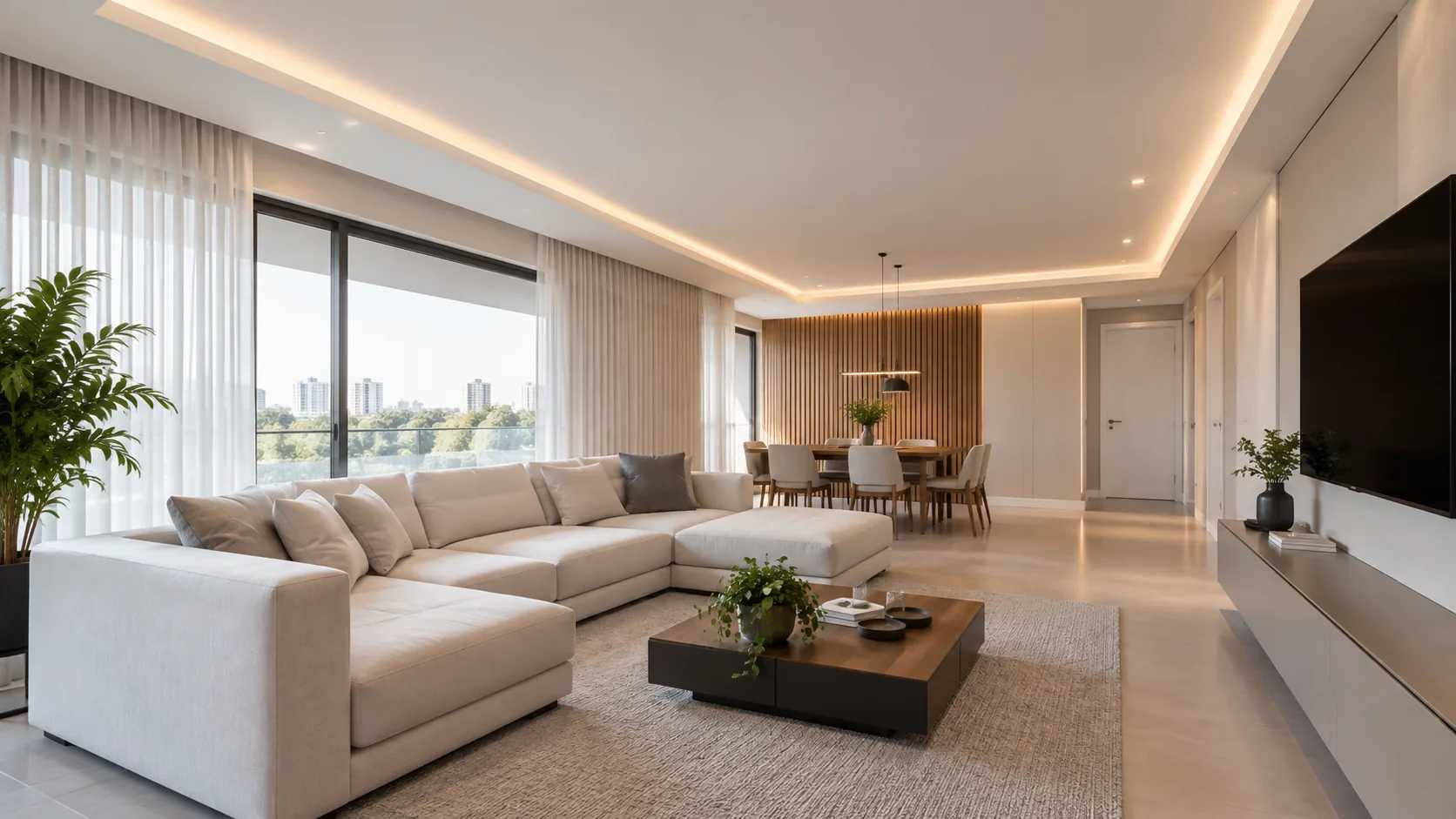 Sala contemporânea com forro decorativo e iluminação indireta
